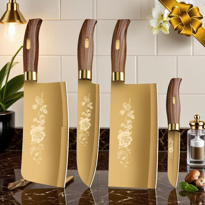 Conjunto de Facas de Cozinha Douradas de Luxo - Lâminas de Aço Inoxidável de 4 Peças com Revestimento de Titânio. Cabos Ergonômicos. Facas de Alta Performance