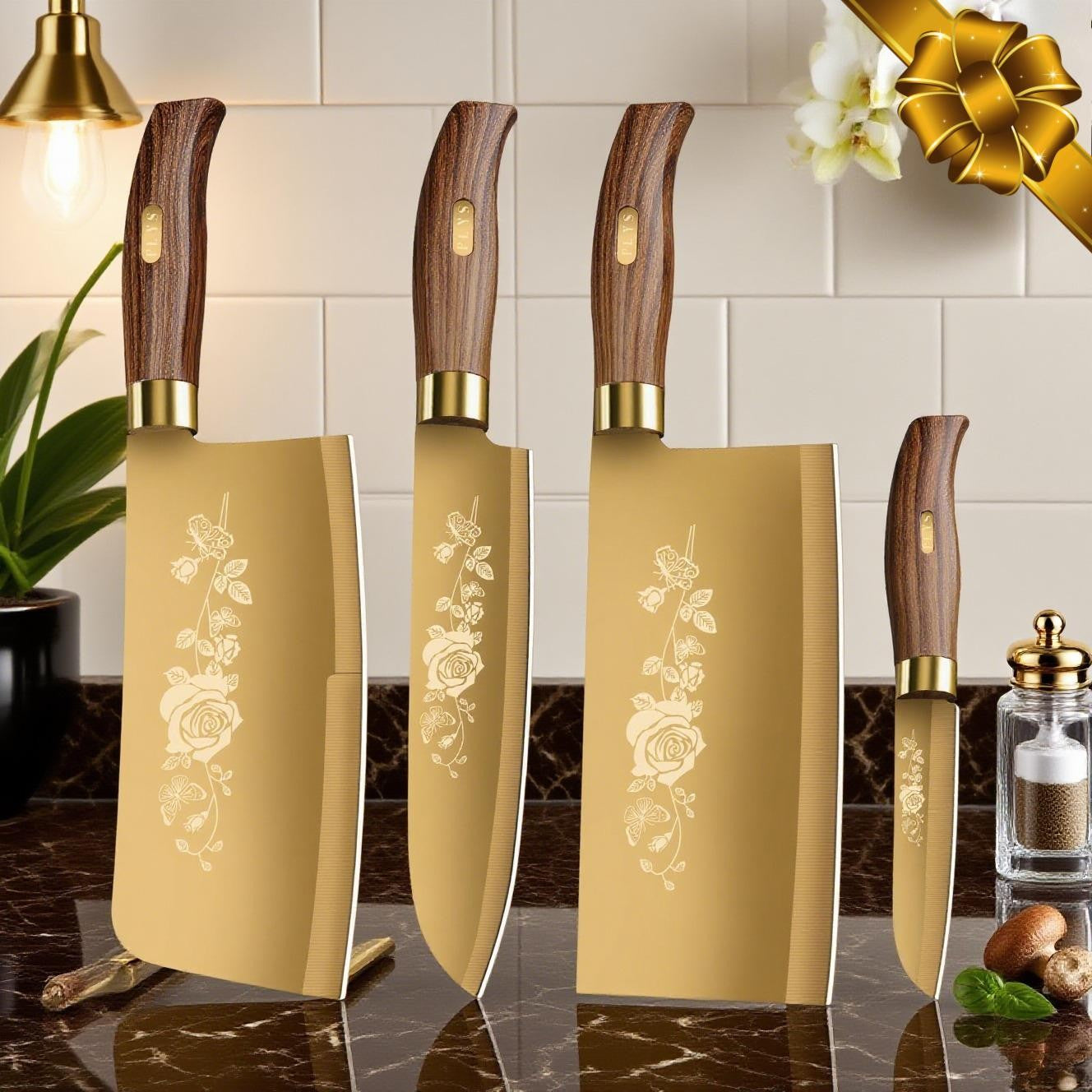 Conjunto de Facas de Cozinha Douradas de Luxo - Lâminas de Aço Inoxidável de 4 Peças com Revestimento de Titânio. Cabos Ergonômicos. Facas de Alta Performance