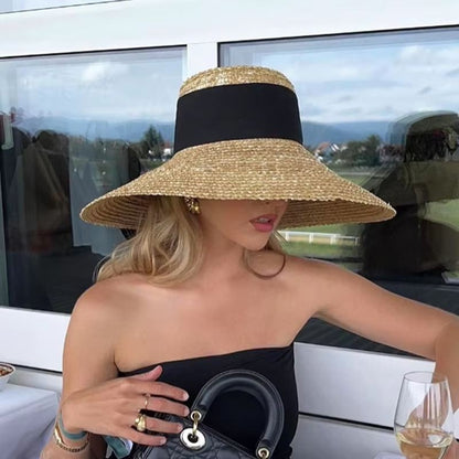2024 Summer Straw Hat Beach Hat Women's Seaside Sun Hat Vacation Bow Ribbon Flat Top Big Brim Straw Hat praia ??