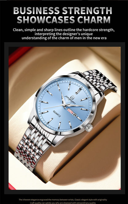 PENGAGAR Luxury Watch For Man Waterproof Luminous Date Week Stainless Steel Men Watch Casual Quartz Men's Watches Male Clock+box