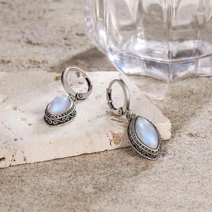 925 Sterling Silver Earrings Natural Moonstone 6*12mm Drop Earrings Retro Silver Vintage Eye Shape Fine Jewelry Gift For Women