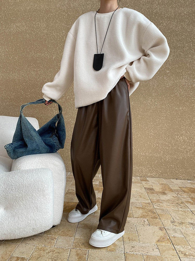 High Elastic Waist Coffee Pu Leather Long Wide Leg Pants New Trousers Women Fashion Tide Spring Autumn