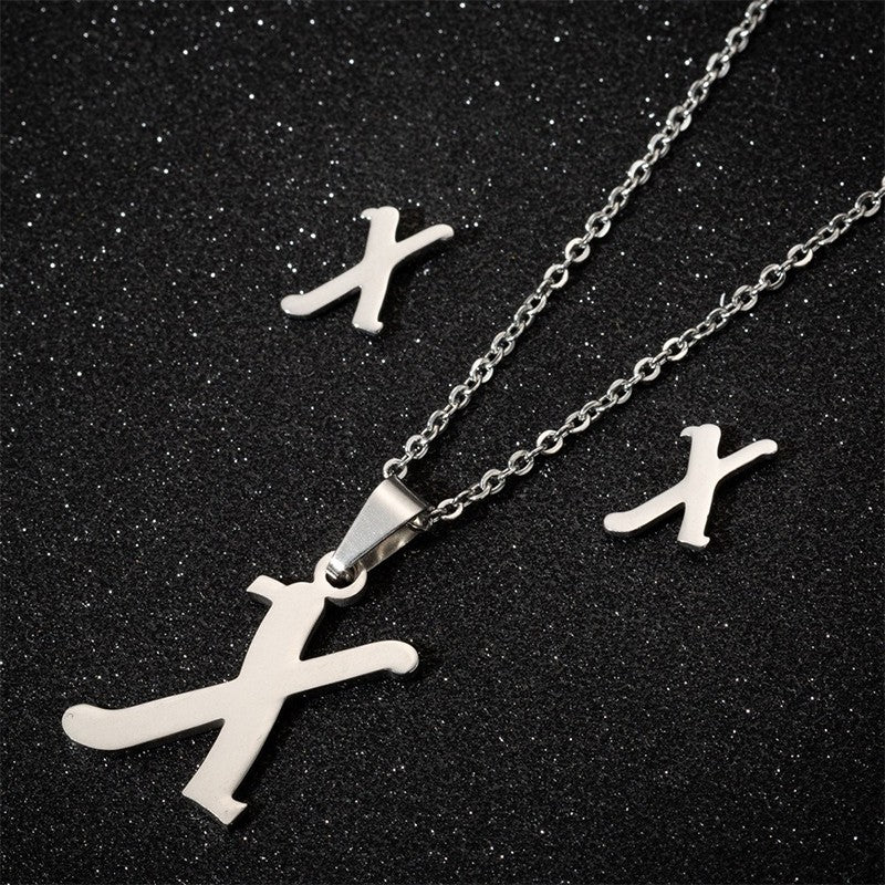 Conjunto Feminino de Colar e Brincos de Aço Inoxidável com Letra Inicial do Alfabeto A-Z - Joias Personalizadas de 26 Letras Inglesas - Presente