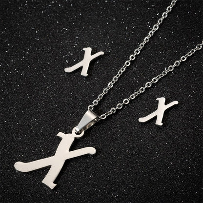 Conjunto Feminino de Colar e Brincos de Aço Inoxidável com Letra Inicial do Alfabeto A-Z - Joias Personalizadas de 26 Letras Inglesas - Presente