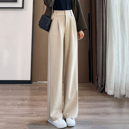 2024 Autumn Winter Women Concise Woolen Pants Lady Wide Leg Designer Outside Trousers Female Thicken High Waisted Draping Pants
