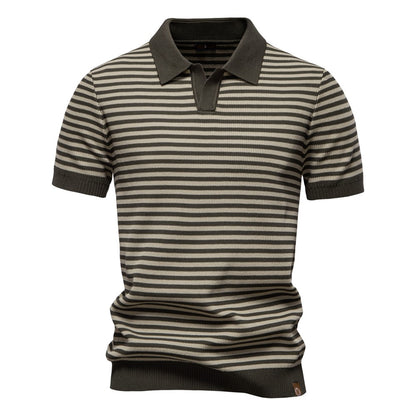 ?AIOPESON 2025 Men's Contrast Striped Polo Shirt - Lightweight V-Neck Knit Top with Breathable Textured Panels