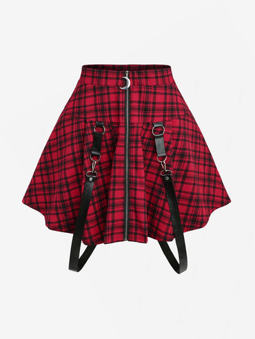 ROSEGAL Plus Size Plaid Print Suspender Skirt Women's Unique Vintage Style Zip up Skirts