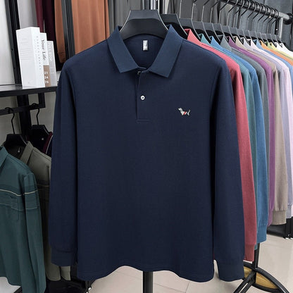 100% pure cotton spring and autumn fashionable men's collar striped long sleeved polo shirt with micro seal dog embossed design