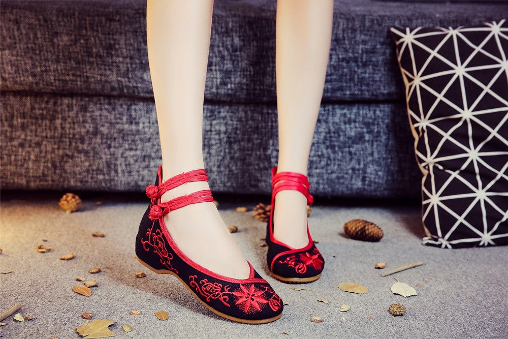 Veowalk Sunflower Embroidered Women Canvas Ballet Flats Ankle Strap Ladies Casual Cotton Chinese Embroidery Ballerina Shoes