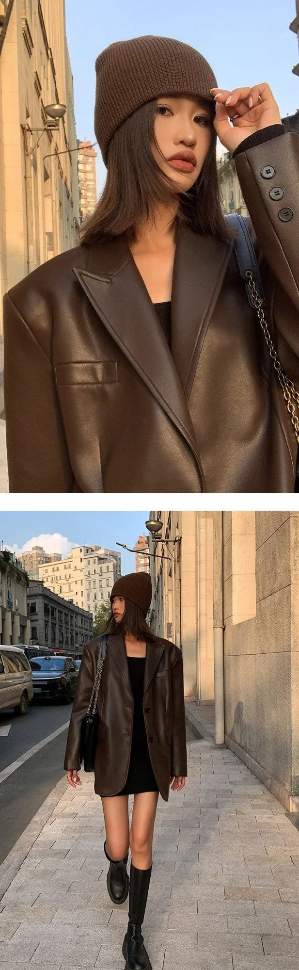 2025Brown /black soft PU leather  women jacket motorcycle long sleeve single breasted casual coat top for autumn high Streetwear