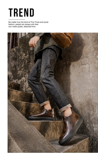 2025 Autumn New Leather Short Boots, Mid-calf Zipper Casual Outdoor Shoes, Anti-slip and Wear-resistant Men's Work Boots