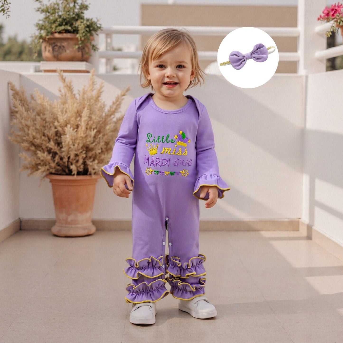 Suefunskry Baby Girl Mardi Gras Themed Romper Letter Crown Embroidery Long Sleeve Round Neck Jumpsuit with Bow Headband