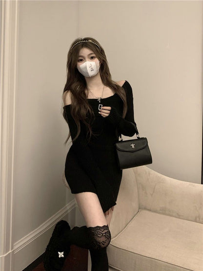MEXZT Y2K Knitted Mini Dress Women Streetwear Sexy Off Shoulder Sweater A Line Dresses Christmas Party Korean Bodycon Vestidos
