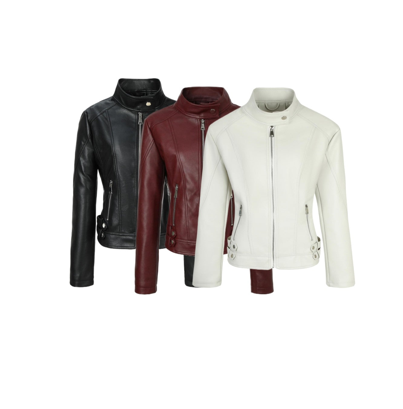 ? Biker Style Pu Leather Jacket for Women - Vegan Faux Motorcycle Jacket with Zipper & Buttons (Black/White/Red/Green)