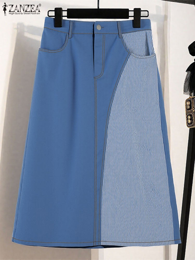 ZANZEA Women Plus Size Skirts High Waist Denim Striped Long Skirt Casual Vintage Big Size Skirt Summer Pockets Fashion Bottoms
