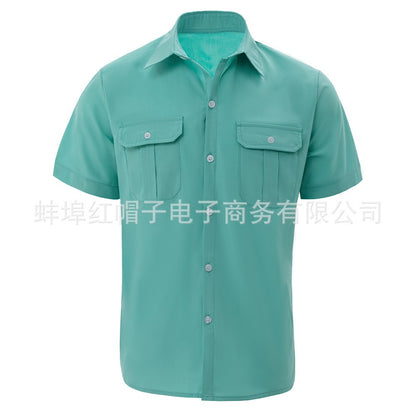 New 2025 Men's Summer Short Sleeve Solid Safari Shirt Loose Casual Cargo Shirt Double Pocket Lapel Button-up Men Work Shirt Tops