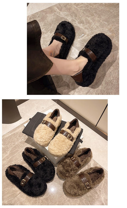 Women Warm Fur Flats Shoes 2025 Autumn Winter Vintage Fashion Shallow Mouth Buckle Ladies Comfort Loafers Shoes Zapatos Mujer