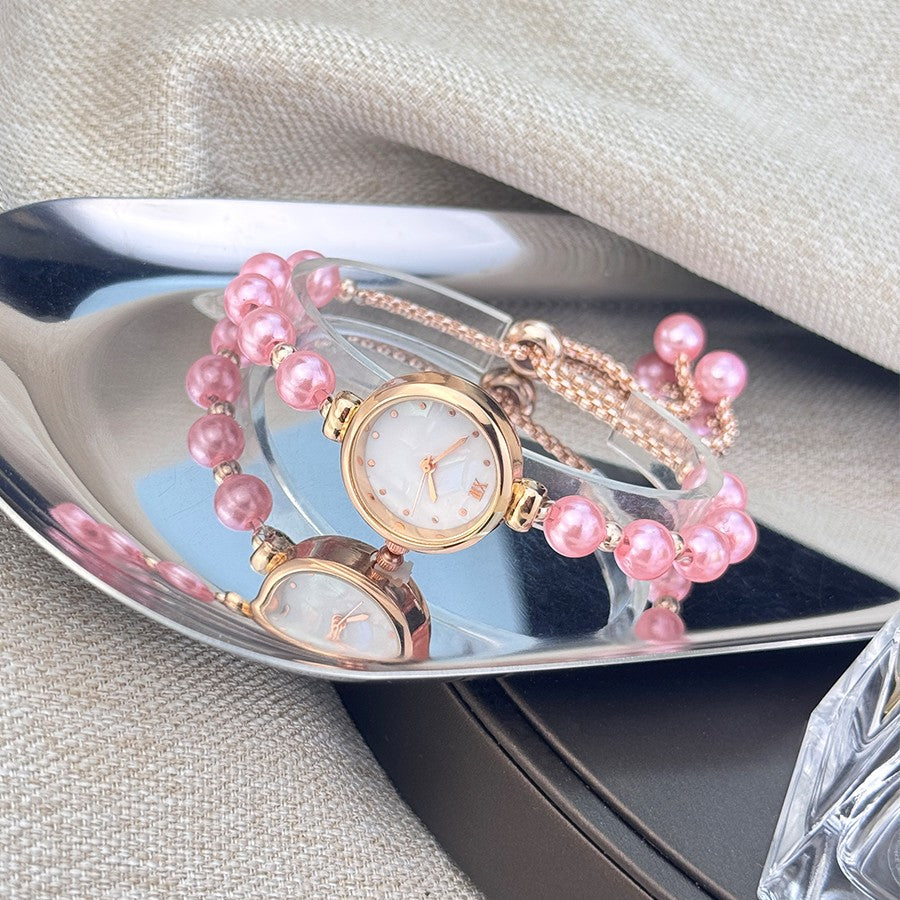 French Romantic Pearl Pull Cord Handheld Watch Elegant Small Fashion Bracelet Quartz Wristwatch Stylish Portable Timepiece