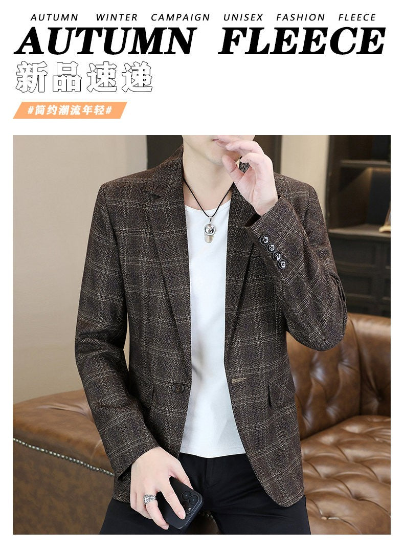 Blazer's New Men's Fashion Outdoor Travel Camping Youth Wedding Hosting Campus Slimming Casual Checkered Korean Version Blazer