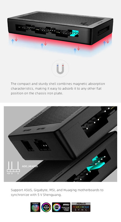 DeepCool Fan HUB PWM 5V 3pin ARGB Magnetic Attraction Fan HUB Splitter SATA Power Control Connect Motherboard