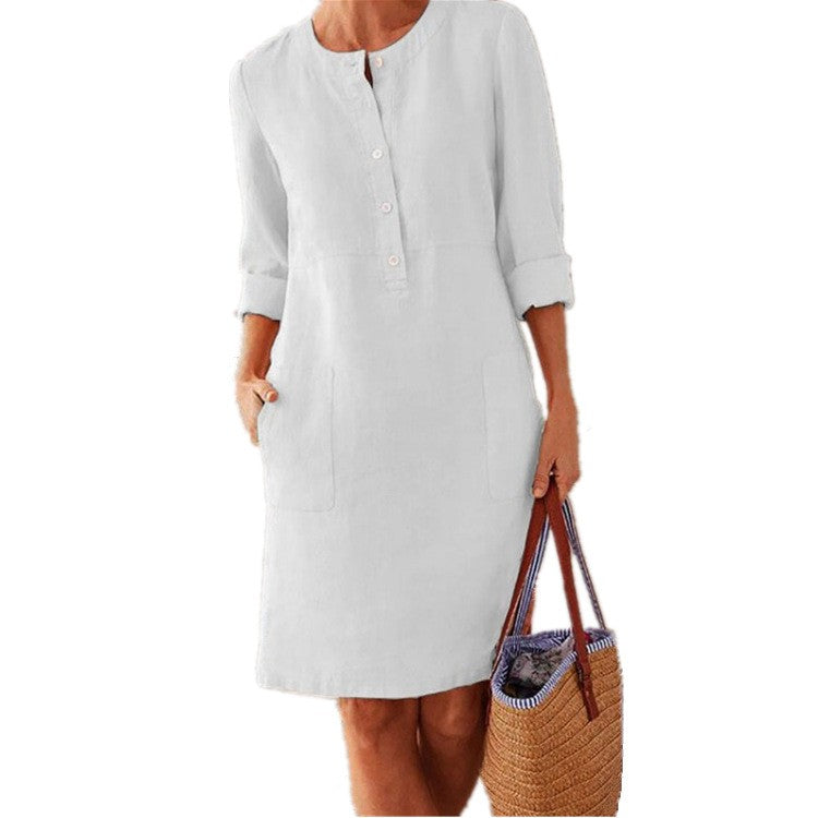 Women Casual Soild Long Sleeve Cotton And Linen Tunic Dress Vintage Straight Dress Long Sleeve Oversized Mini Knee-Length Dress