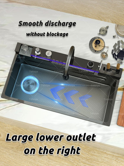 Stainless Steel kitchen Sink With Waterfall Golden Large Single Slot Multifunctional Digital Display Sinks 100*50CM