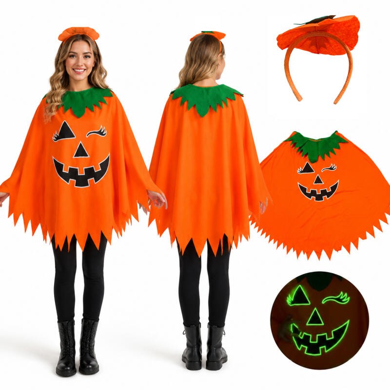 Adult Pumpkin Luminous Halloween Costume Glow In The Dark Face Print Orange Cape With Headband Unisex Fancy Scary Cosplay Outfit