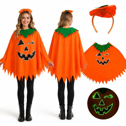 Adult Pumpkin Luminous Halloween Costume Glow In The Dark Face Print Orange Cape With Headband Unisex Fancy Scary Cosplay Outfit