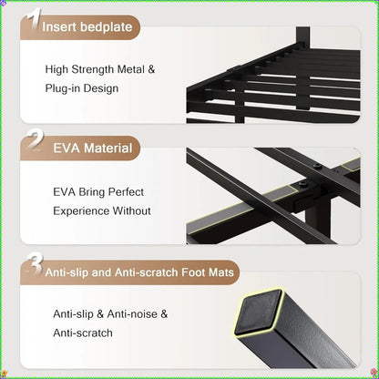 Estrutura de Cama Queen de Metal Cinza Escuro, Cabeceira Estofada e 30cm de Armazenamento sob a Cama - Plataforma sem Ruído