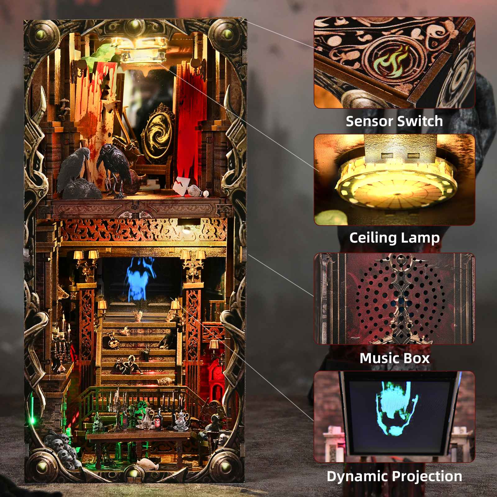 DIY Book Nook Kit Hotel of Terror Wooden Bookshop Dollhouse with Light Dynamic Video Bookshelf Insert 3D Puzzle Decor for Gift
