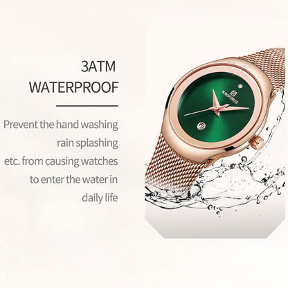 NAVIFORCE Luxury Green Analog Date Quartz Fashion Ladies Watches Mesh Steel Strap Waterproof Business Women Wristwatch Clocks