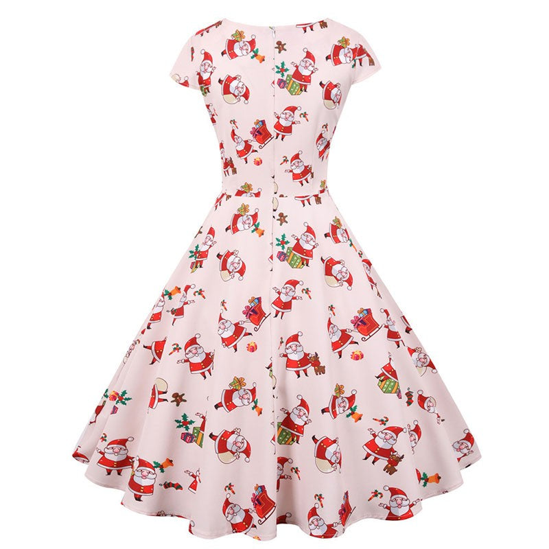 Fashion V-neck Short Sleeve Printed Christmas Dress Large Swing Vintage Elegant Xmas Party Dress