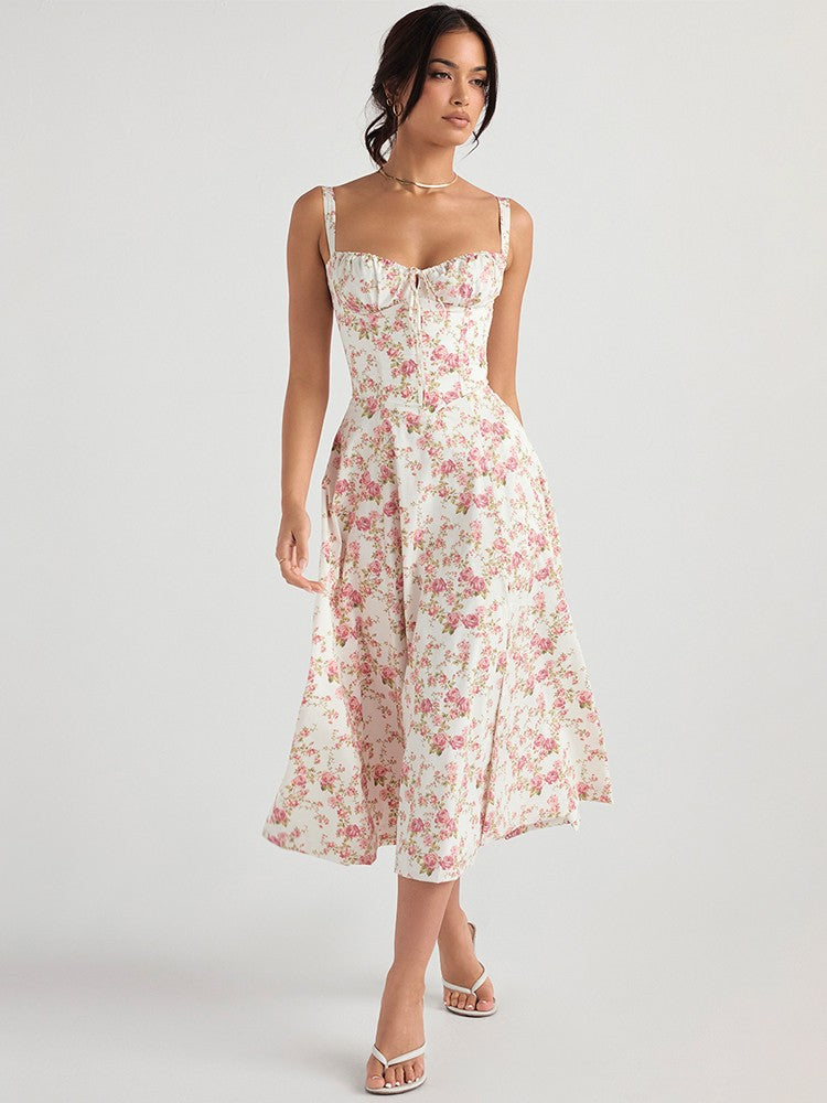 Suninheart Women's Summer Floral Print Dresses Sweet Elegant Midi Holiday Dress