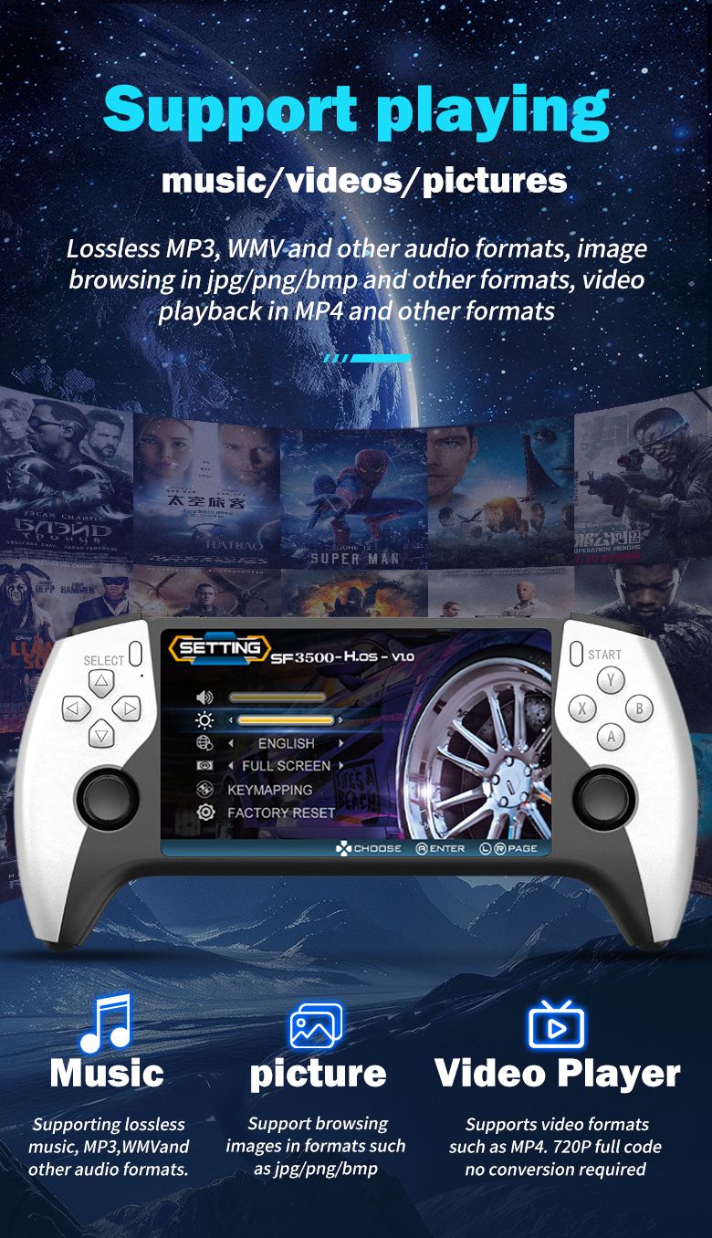 SF3500 Handheld Game Console, 5-Inch IPS Large Screen Portable Game Console, Built-in 20000+ Games, Supports FHD Output