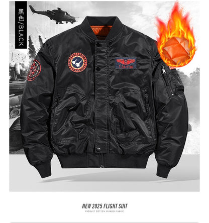 Unisex Winter Thicken Warm Bomber Jacket Air Force Style Flight Parkas Coat with Cotton Embroidery Casual Outwear for Men
