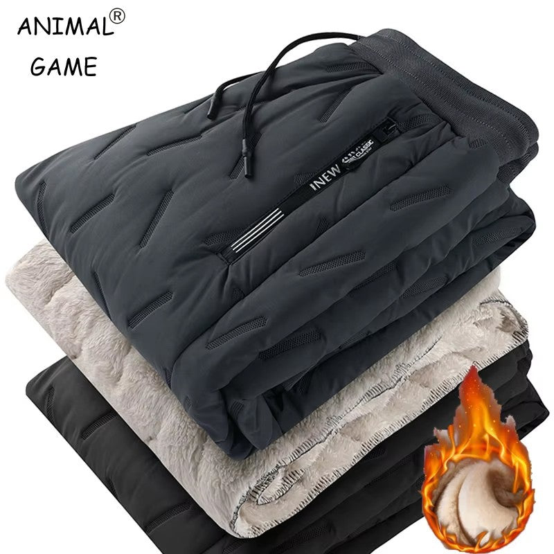 Calça Moletom Masculina Jogger Impermeável Forrada de Lã Grossa Calças de Treino Esportivas Quentes de Inverno com Zíper e Bolsos