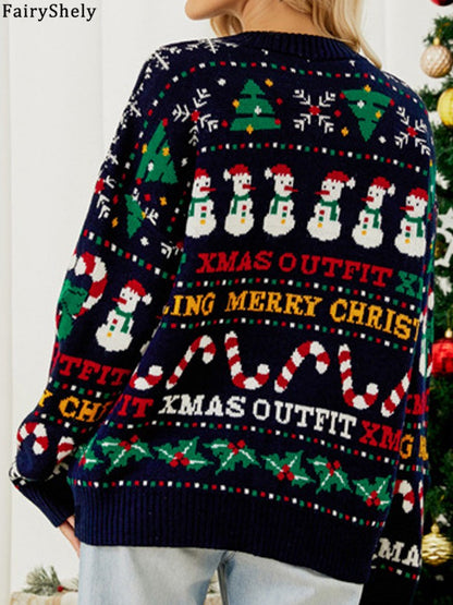 Fairyshely 2026 Winter Christmas Loose Knitted Sweater Women Casual Print Pullover Autumn Lady Casual O Neck Long Sleeve Jumper