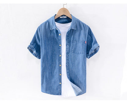 Men Denim Shirt , Thin Summer Half Sleeve Casual Top, Loose Trendy Handsome Short Sleeve ?Camping Denim Short Sleeve Jacket