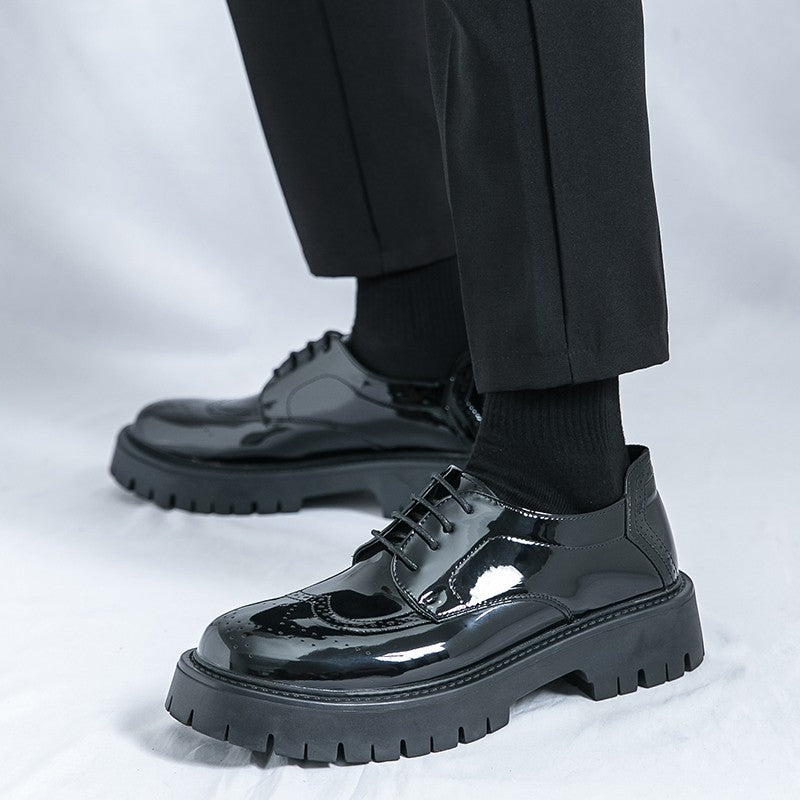 Leather shoes men's thick soles increase British style Brock business dress black senior sense wedding groom shoes 46 yards