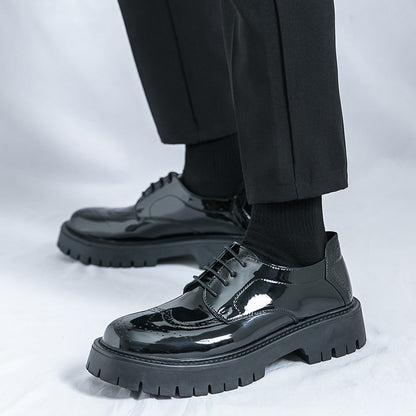 Leather shoes men's thick soles increase British style Brock business dress black senior sense wedding groom shoes 46 yards