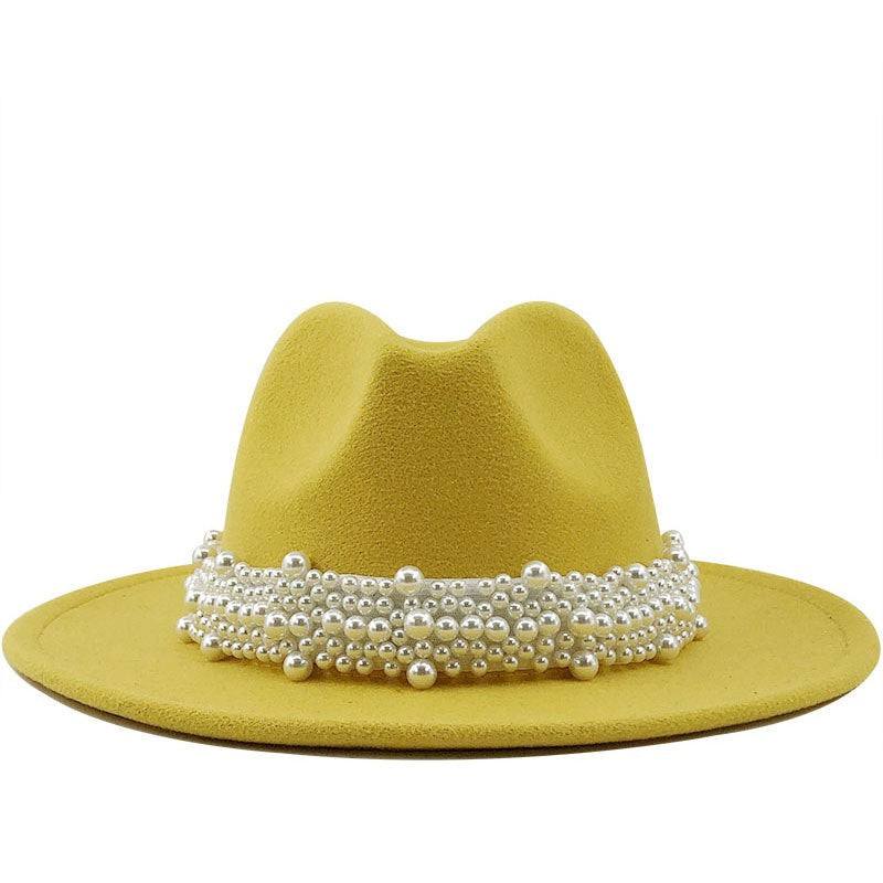 Chapéu Fedora De Lã Feminino Masculino Com Fita De Pérolas Cavalheiro Elegante Senhora Inverno Outono Aba Larga Igreja Panamá Sombrero Boné De Jazz 60CM