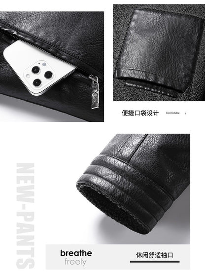 Leather Jacket Men Coats Autumn Fur Collar Luxury Fleece Black Oversized  6XL 7XL 8XL Plus Size Warm Winter Comfort High Quality