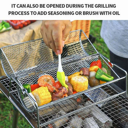 1 Rotating BBQ Grill Basket - Stainless Steel Mesh Roasting Cage with Handle, Portable Rolling Grill for Camping & Picnics