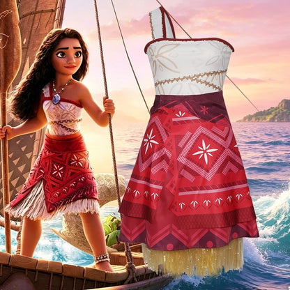 Family Matching Moana Costume Set, Adult  Kids Polynesian Princess Dress with Fringe, Halloween Carnival Party Cosplay Outfit