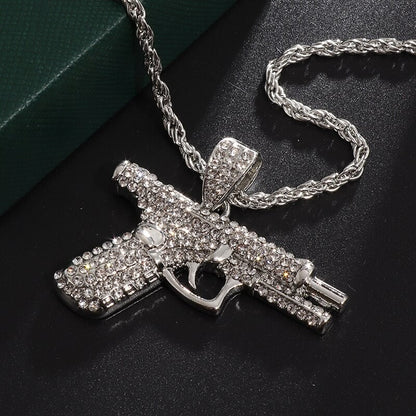 Pingente de Pistola com Gelo Cravejado Bling Colar de Metralhadora Masculino Personalidade Hip Hop Rock Punk Joia Legal para Festa de Rua Presente