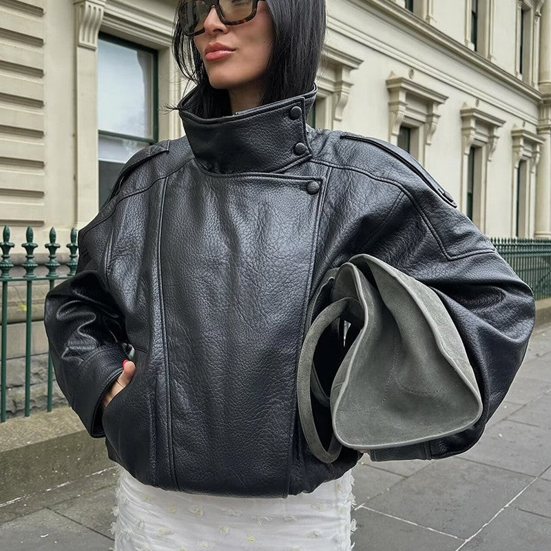 HXAO Faux Leather Jacket Coat Demi-Season Black Bomber Jacket Outerwears Long Sleeve Snap Button Cropped Motorcycle Jacket