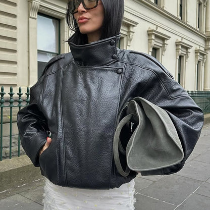 HXAO Faux Leather Jacket Coat Demi-Season Black Bomber Jacket Outerwears Long Sleeve Snap Button Cropped Motorcycle Jacket