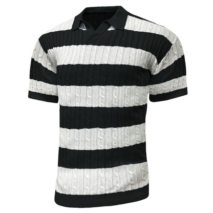Men's Polo Short Sleeve Retro Knit Lapel Striped Short Sleeve Fashion Popular Knitwear Casual Breathable Top US Size