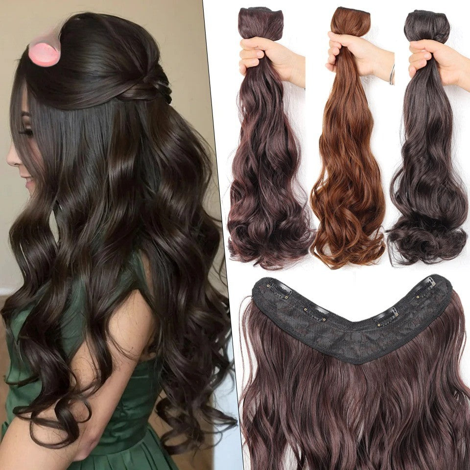 ?Extensões com Presilha em V Cabelo Sintético Ondulado com 4 Presilhas Castanho Preto Extensões de Uma Peça para Mulheres Uso Diário