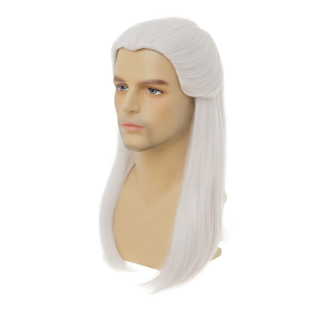 Geralt of Rivia Cosplay Wig White Slivery Straight Synthetic Hair Wigs for Men Party Novel Game Costume Halloween